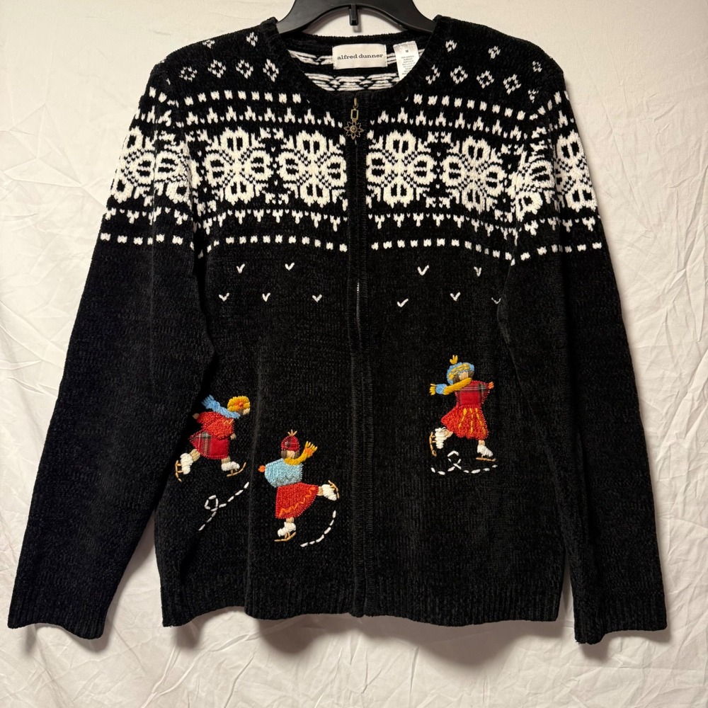 Vintage Alfred‎ Dunner Embroidered Skater Zip Women's Holiday Cardigan M